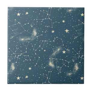 Dark Academia Navy Ivory Moon Constellation Chart Ceramic Tile