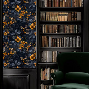 Dark Academia Orange and Blue Floral Wallpaper