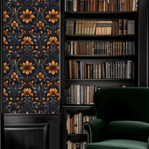 Dark Academia Orange and Grey Decorative Fleur Wallpaper