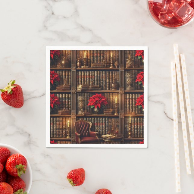  Dark Academia Poinsettia Bookshelf Decoupage Napkin (Insitu)