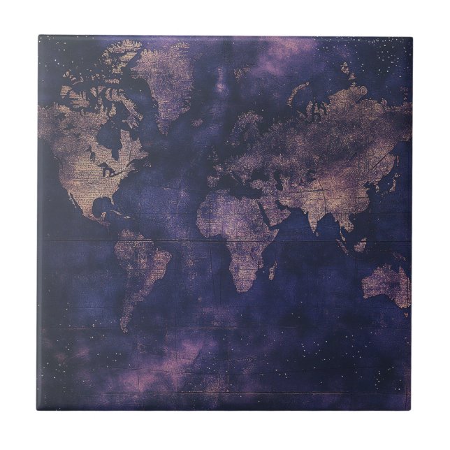 Dark Academia Purple Celestial World Map Ceramic Tile (Front)