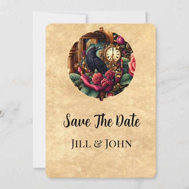 Dark Academia Raven and Clockwork Save the Date (Front)