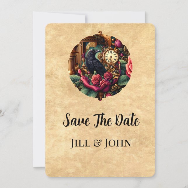 Dark Academia Raven and Clockwork Save the Date (Front)