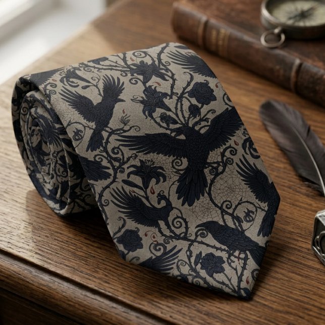 Dark Academia Raven Floral Bird Lover Gift Tie (Whimsigoth raven necktie)