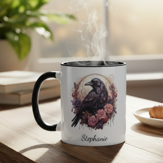 Dark Academia Raven Gothic Floral Mug (Black raven with roses coffee mug
)