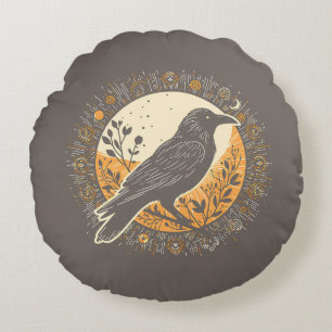 Dark Academia Raven Gothic Moon Clock Vines Boho Round Cushion