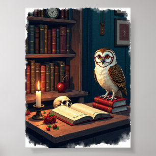 Dark Academia Reading Nook Owl Owl Glasses Vintage Poster