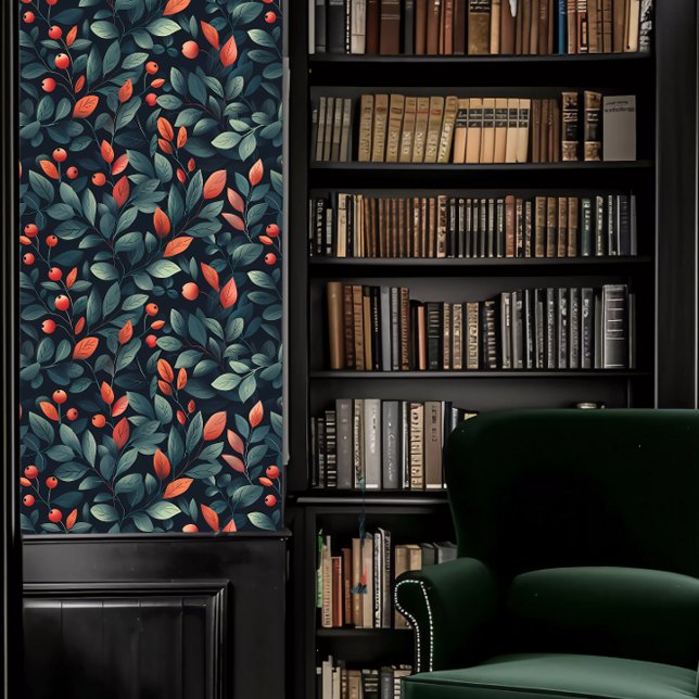 Dark Academia Red and Teal Foliage Wallpaper (Dark Academia Red and Teal Foliage Wallpaper in a library.)