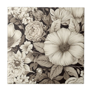 Dark Academia Sepia Floral Botanical Ceramic Tile