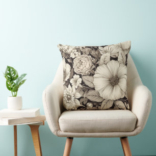 Dark Academia Sepia Floral Botanical Cushion