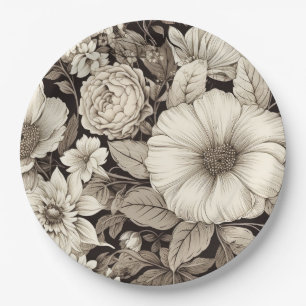 Dark Academia Sepia Floral Botanical Paper Plate