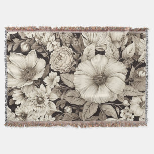 Dark Academia Sepia Floral Botanical Throw Blanket