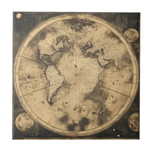 Dark Academia Sepia Globe Moon Engraving Ceramic Tile