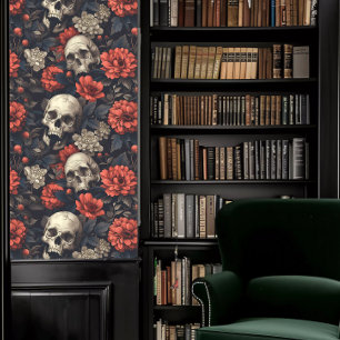 Dark Academia Skulls with Burgundy Flowers Wallpaper