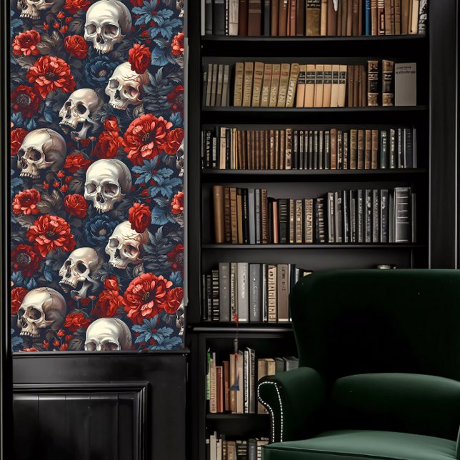 Dark Academia Skulls with Crimson and Blue Flowers Wallpaper (Dark Academia Skulls with Crimson and Blue Flowers Wallpaper in a library.)