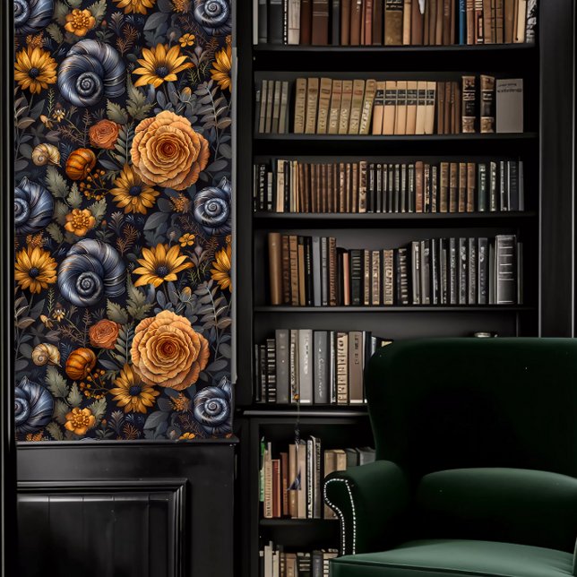 Dark Academia Snails with Blue & Peach Flowers Wallpaper (Dark Academia Snails with Blue & Peach Flowers Wallpaper in a library.)