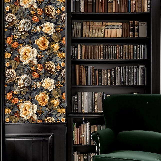 Dark Academia Snails with White and Yellow Flowers Wallpaper (Dark Academia Snails with White and Yellow Flowers Wallpaper in a library.)