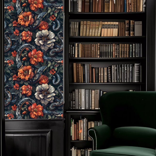 Dark Academia Snakes & Coral and Grey Flowers Wallpaper (Dark Academia Snakes & Coral and Gray Flowers Wallpaper in a library.)