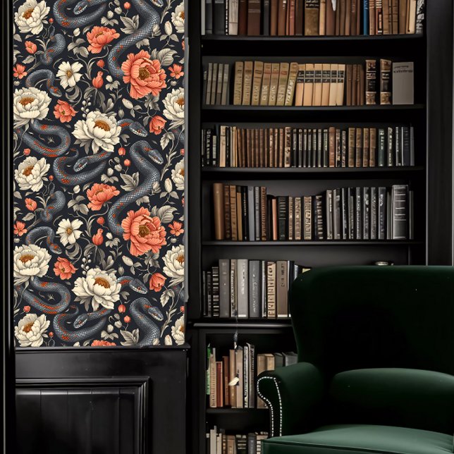Dark Academia Snakes & Red and White Flowers Wallpaper (Dark Academia Snakes & Red and White Flowers Wallpaper in a library.)