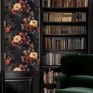 Dark Academia Spider Webs with Red & White Flowers Wallpaper