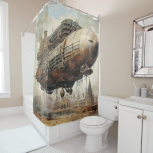 Dark Academia Steampunk Airship Sepia Shower Curtain