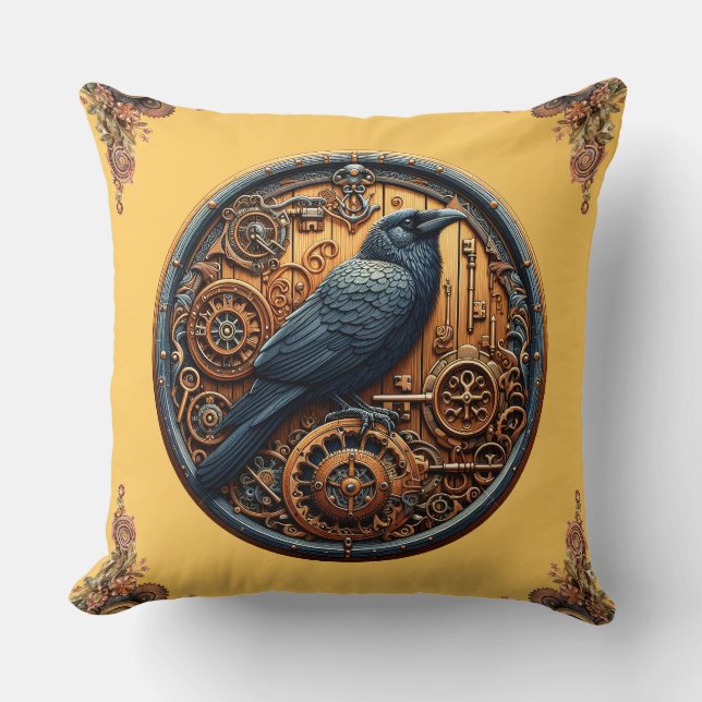 Dark Academia Steampunk Raven Clockwork Circle Cushion (Front)