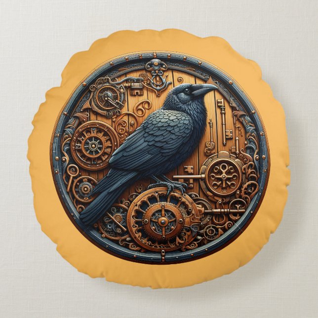  dark academia Steampunk Raven Clockwork Mechanic Round Cushion (Front)