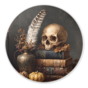 Dark Academia Still Life with Skull Ceramic Knob