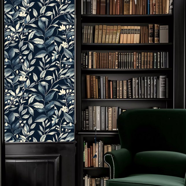 Dark Academia Teal and White Leaves Wallpaper (Dark Academia Teal and White Leaves Wallpaper in a library.)