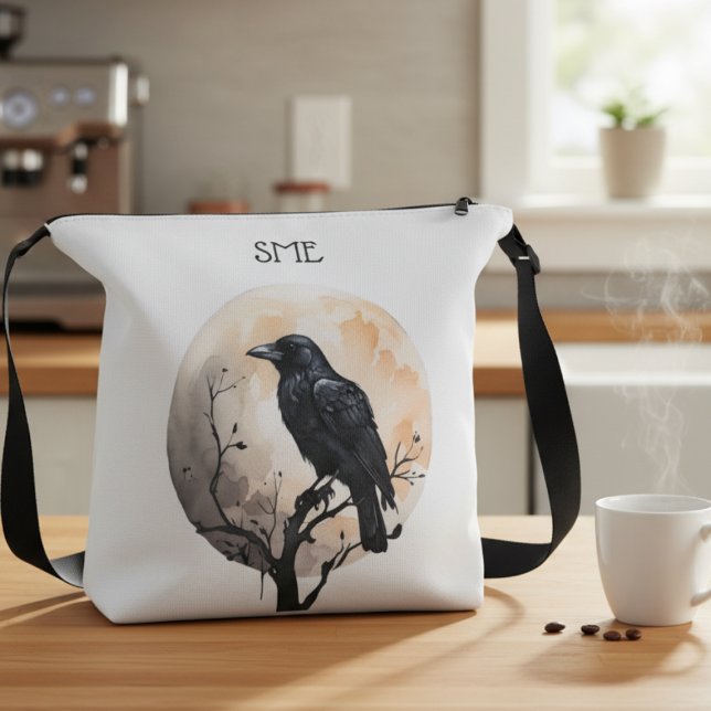 Dark Academia Watercolor Raven Gothic Crossbody Bag (Black gothic raven against moon crossbody bag)