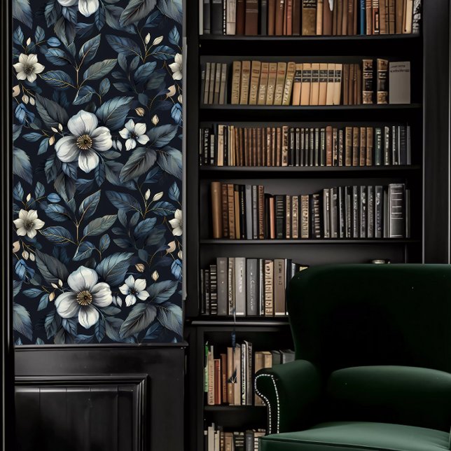 Dark Academia White Flowers and Blue Leaves Wallpaper (Dark Academia White Flowers and Blue Leaves Wallpaper in a library.)