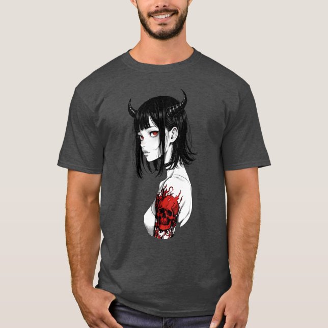 Dark Aesthetic Demon Girl with Red Eyes T-Shirt (Front)