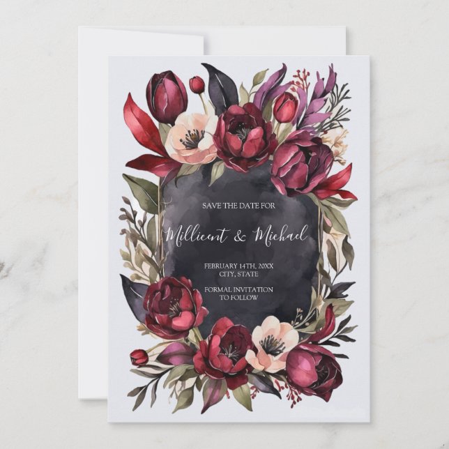 Dark Aesthetic Floral Save the Date - Red & Black Invitation (Front)