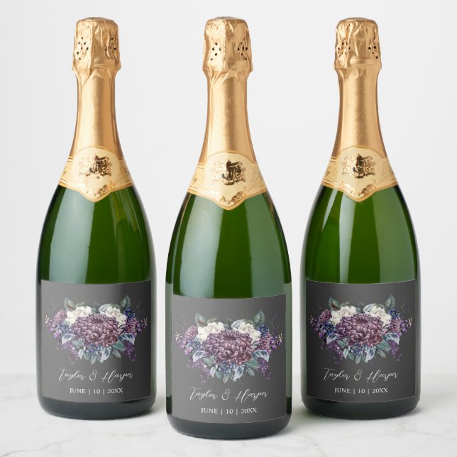 Dark Aesthetic Goth Wedding Bouquet Sparkling Wine Label (Bottles)