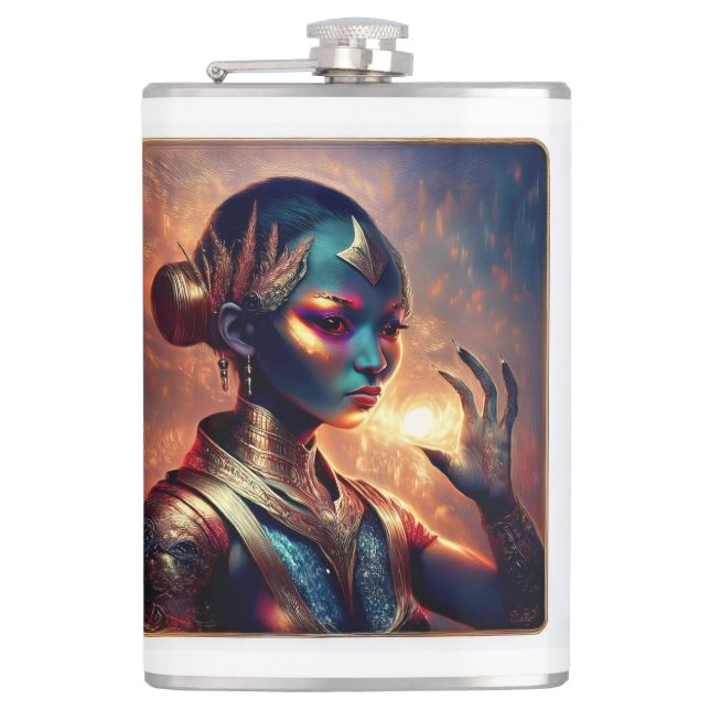 Dark Alien Princess Poses With Fiery Background Hip Flask (Front)
