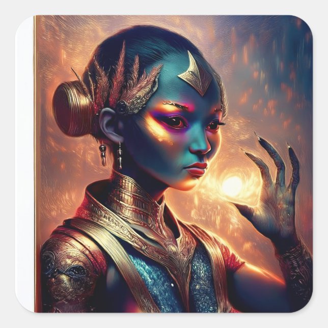 Dark Alien Princess Poses With Fiery Background Square Sticker (Front)