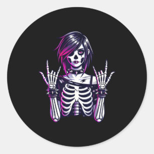 Dark alt skeleton rock hand cute spooky aesthetic classic round sticker