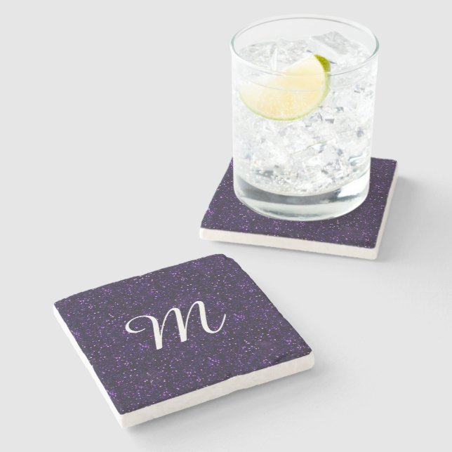 Dark Amethyst Purple Glitter Stone Coaster (Side)