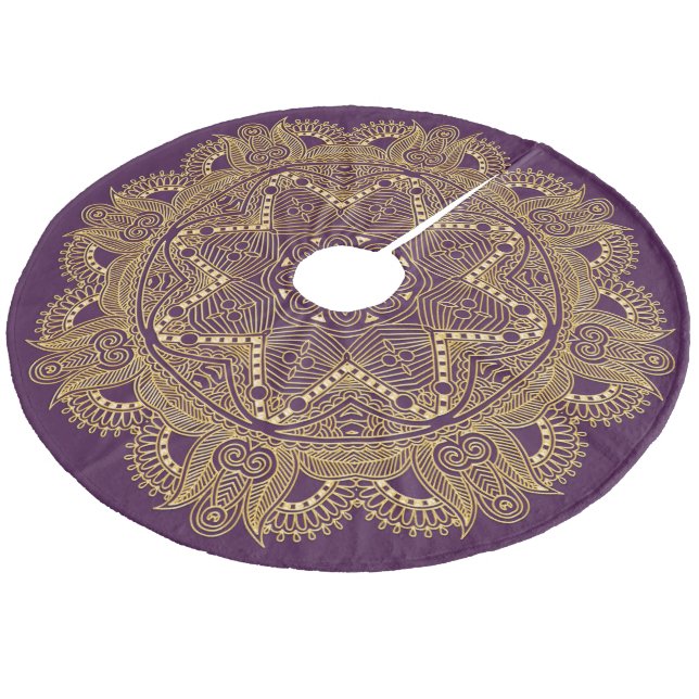 Dark Amethyst Purple Mandala Star Pattern Fleece Tree Skirt (Angled)