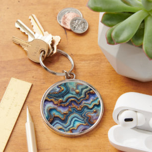 Dark Amethyst Purple Teal Blue Gold Marble Pattern Key Ring