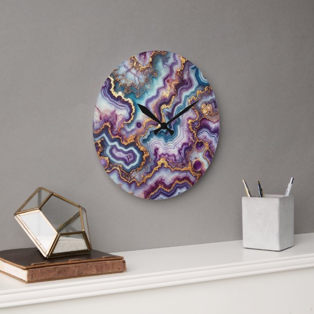 Dark Amethyst Purple Teal Blue Gold Marble Pattern Large Clock (Office)