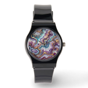 Dark Amethyst Purple Teal Blue Gold Marble Pattern Watch
