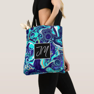 Dark and Aqua Blue Marble Fluid Art Personalised   Tote Bag