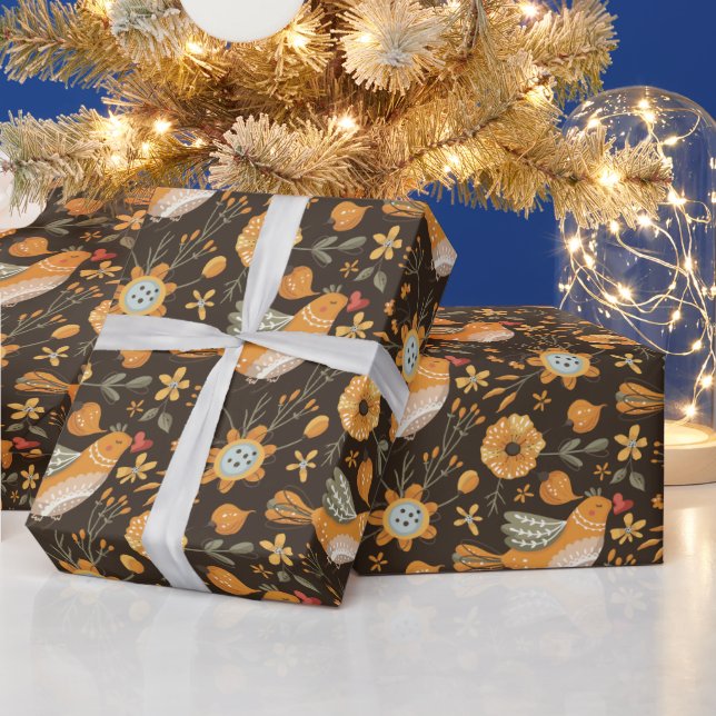 Dark and Cosy Cute Bird Floral Botanical Wrapping Paper (Holidays)