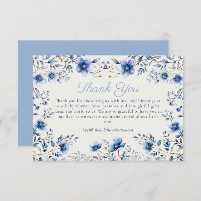 Dark and Dusty Blue Wildflowers Baby Shower Thank You Card (Front/Back)