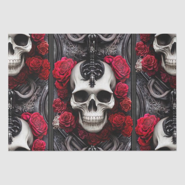 Dark and Gothic Skull and Roses Murial Tissue Paper (Front)