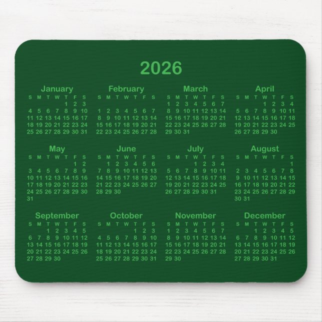 Dark and Kelly Green 2026 Calendar Mouse Pad (Front)