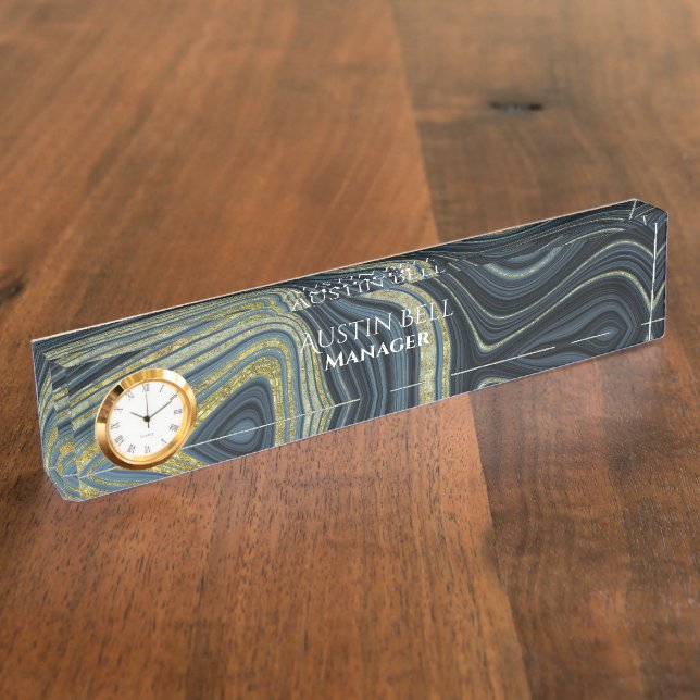 Dark and Light Blue and Gold Marble Personalised  Nameplate (Side)