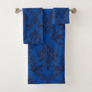 Dark and light blue damask pattern bath towel set