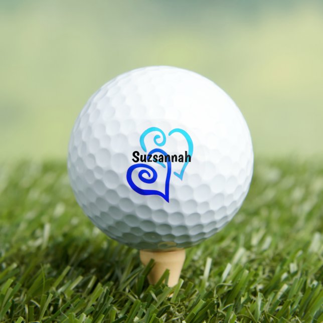 Dark and Light Blue Linked Hearts Name Custom Golf Balls (Insitu Tee)